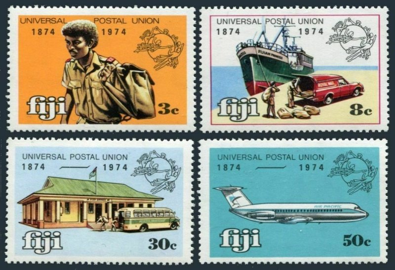 Fiji 347-350,MNH.Michel 320-323. UPU-100,1974.Messenger,Ship,car,P.O.Jet.