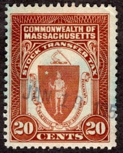 1950's, US 20c, Revenue, Used, Massachusetts stock transfer