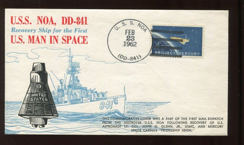 US NAVAL FEBUARY 23 1962 USS NOA DD 841 RECOVERY SHIP COVER (LV 885)