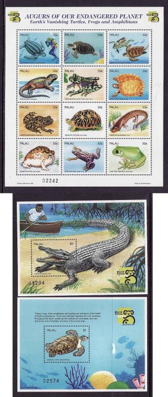 Palau-Scott#495-7-three Unused NH sheets-Turtles-Frogs-Endangered Planet-1999-