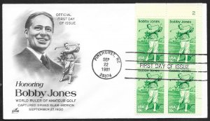 UNITED STATES FDC 18¢ Bobby Jones PLATE BLOCK 1981 ArtCraft