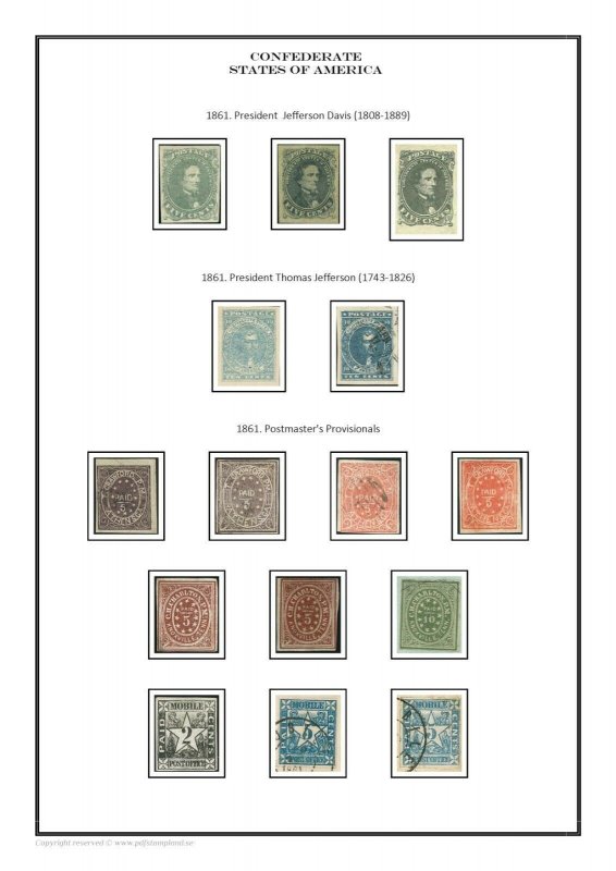 Confederate States of America 1861 - 1863 PDF (DIGITAL) STAMP ALBUM PAGES