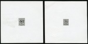 Belgium #415,417P, 1951 60c and 75c, black (Ministerial) die proofs