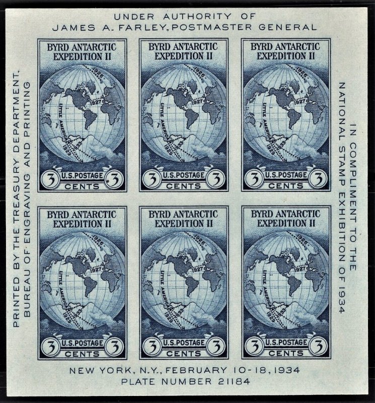 US 735 MNH (NGAI) Byrd Antartic Expedition II Souvenir Sheet of 6 CV $10