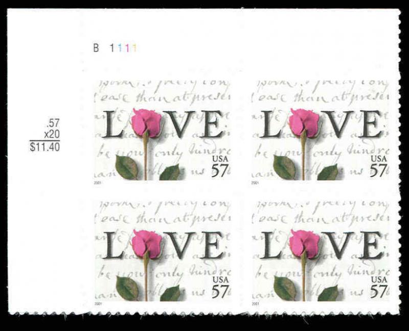 Sc# 3551 MNH FVF PLATE # BLOCK 57¢ 2001 Love Letter Red Rose Leaf Stem