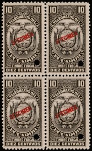 ✔️ ECUADOR 1928 FISCAL TELEGRAPH SPECIMEN & PUNCH BL/4 HISC. 82 MNH [037] RARITY