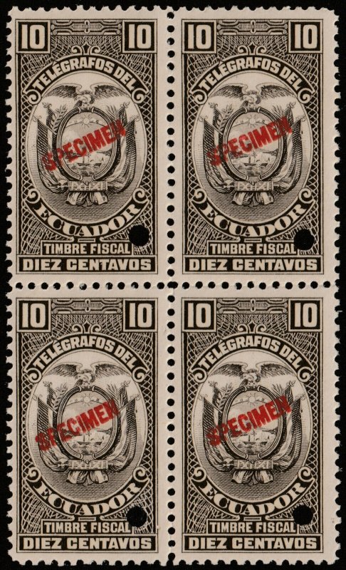 ✔️ ECUADOR 1928 FISCAL TELEGRAPH SPECIMEN & PUNCH BL/4 HISC. 82 MNH [037] RARITY