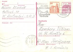E0057 Germany postal stationery postcard Karlsruhe to Timisoara, Romania 1989