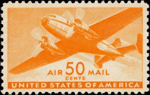 1941 50c Twin-Motored Transport Plane, Air Mail, Orange Scott C31 Mint F/VF LH