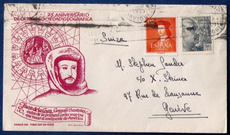 Spain 1953 Sc 699 & Sc790 Cover FDC Juan De La Cosa Sociedad Geografica Nov 1953