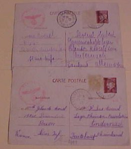 FRANCE GERMAN CENSOR REMOVED STAMP ON 3 POSTAL CARDS 1943
