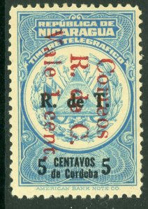 Nicaragua 1923 Postal Tax 1¢5¢ Blue & Black Scott RA36 MNH W975