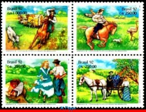 2355-2358a BRAZIL 1992 PHILATELIC EXHIBITION, HORSE, COW, DANCE, MI# 2458-61 MNH