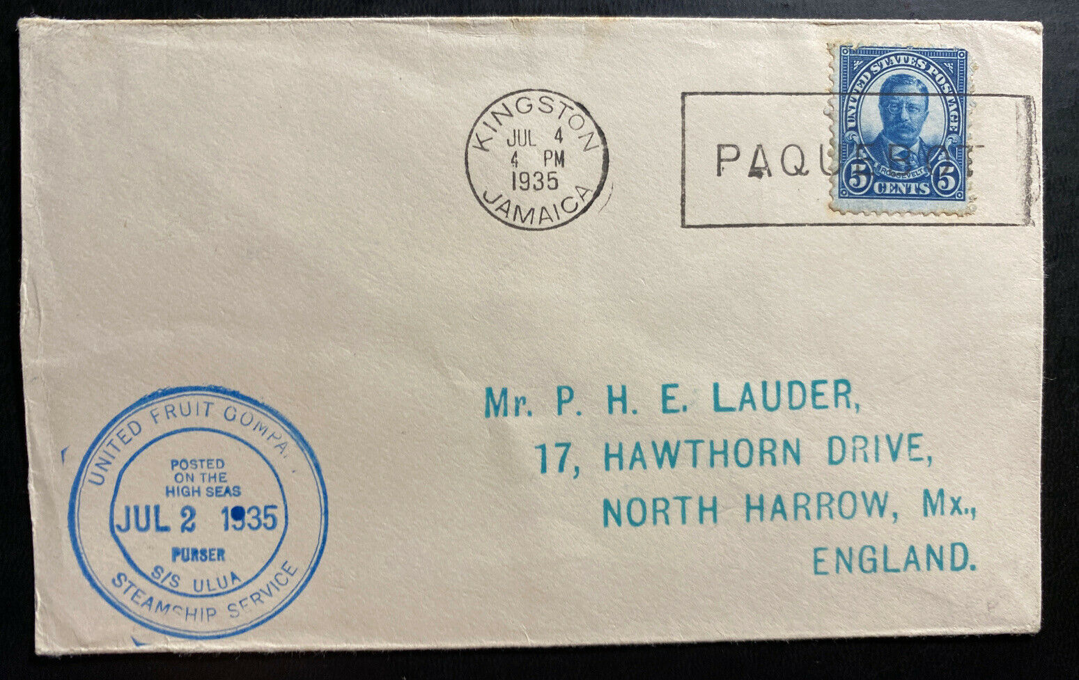 1935 Kingston Jamaica SS Ulua Paqueboat United Fruit UFC Cover To