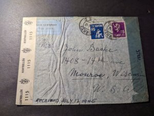 1945 Censored Norway Airmail Cover Oslo to Monroe WI USA 2