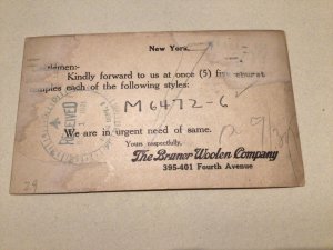 United States The Bruner Woolen  Company New York 1921 postal card 66955