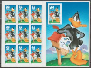 3307, Pane of 9 + 1 imperf.  Looney Tune - Daffy Duck MNH, .33 cent.