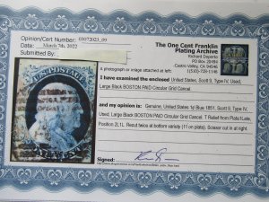 US, Scott #9 used 1851, w/Certificate