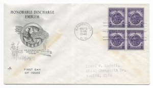 US 940 (Me-10) 3c Honorable Discharge blk 4 on FDC Artcraft Cachet ECV $25.00