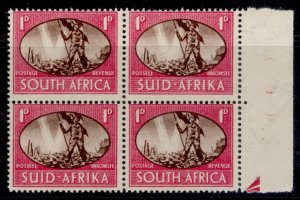 SOUTH AFRICA GVI SG108a, 1d barbed-wire FLAW BLOCK x 4, NH MINT. Cat £15.