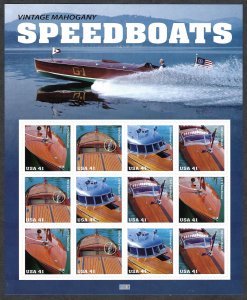 United States #4160-4163 41¢ Mahogany Speedboats (2007).  Mini-sheet of 12. MNH