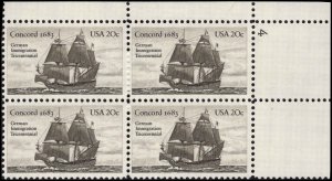 US #2040 CONCORD MNH UR PLATE BLOCK #4 DURLAND $1.75