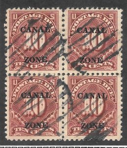 Canal Zone Scott #J14 Block of 4 Used 10c Postage Due O/P 2019 CV $210.00