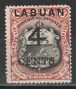 LABUAN 1899 LARGE 4C OVERPRINTED ARMS 6C PERF 14.5