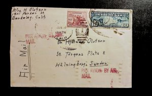 US Airmail Scott #C7 Berkeley CA To Europe/Sweden 1934 ++ Sc #732 Extra