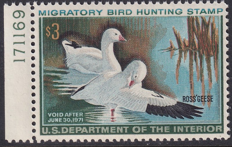 RW37 U.S. 1970 Federal Duck Stamp $3.00 issue Plate Single 171169 MNH CV $65.00