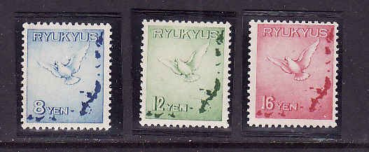 Ryukyu Islands-Sc#C1-3-unused NH Airmail set-Birds-Doves-Maps-1950-