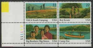 1985 Boy Scouts, YMCA Youth Year Plate Block of 4 22c Stamps, Sc#2160-2163, MNH