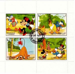 Sharjah 1972 Disney Pre-Cancelled Souvenir Mini-sheet NH Block of 4 Mickey Mouse