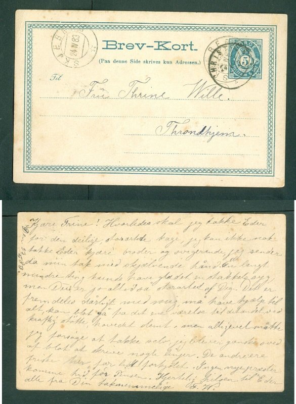 Norway.  1883 Stationery, Used. 3 Diff. Cancels. 5 Ore. Adr: Trondheim.