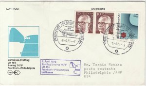 Germany 1973 1st Flight 747 Frankfurt-Philadelphia Slogan Stamps Cover Ref 26629