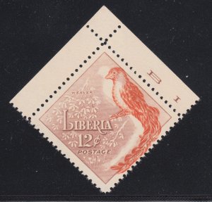 Liberia Sc 346 MNH. 1953 12c brown & orange Bird, choice single with shifted ctr