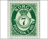 Norway Used NK 201   Posthorn and Lion III (wmk) 7 Øre Bright green