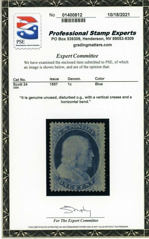 US Stamp #24 Franklin 1c - PSE Cert - Mint DOG 