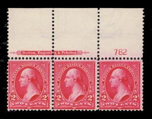 GENUINE SCOTT #279B MINT OG NH 2¢ BEP IMPRINT PLATE #782 TOP STRIP OF 3 TYPE-IV