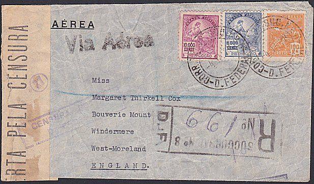 BRAZIL 1938 (Pre WW2) Censor registered airmail cover to UK................87792