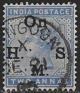 INDIA USED IN BURMA 1883-87 2a QV OFFICIAL Sc O29 VFU RANGOON Postmark