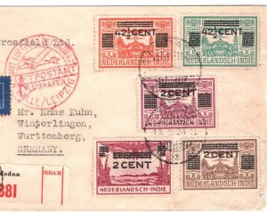 DUTCH EAST INDIES Air Mail 1934 *SURCHARGES* SET{5} Cover Medan-Germany MA1087