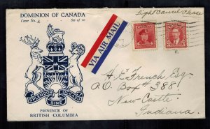 1945 Ocean Falls BC Canada cover to New Castle IN USA Dominion British Columbia