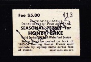 State Revenue California 1963-64  $5 Honey Lake Duck Hunting Stamp RARE VF Used