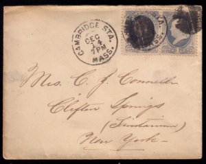 US Scott #156 Cambridge Sta.Mass 2 Stamp Postal Cover Very Good Condition 1873