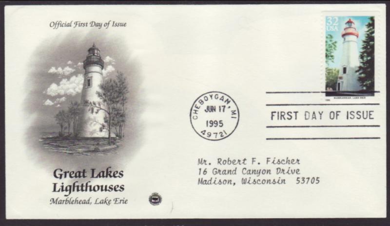 US Marblehead Lighthouse 1995 PCS Typed FDC BIN