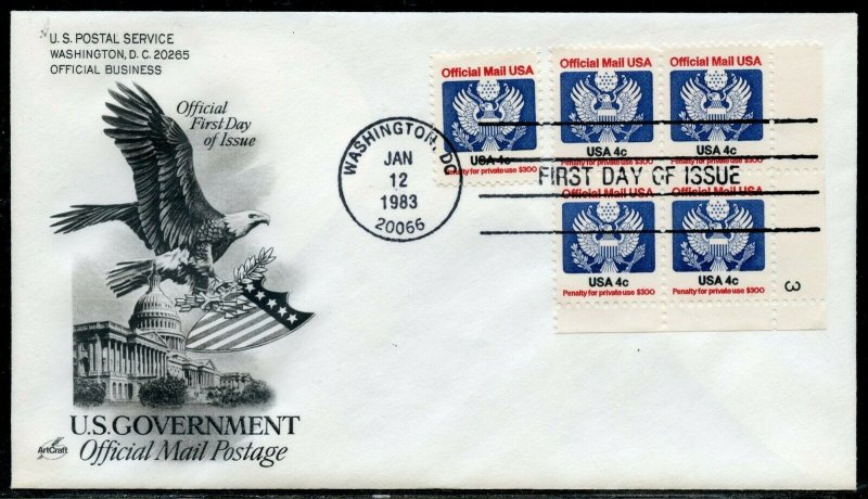 UNITED STATES LOT OF 5 DIFF  OFFICIALS  ON ARTCRAFT UNADDRESSED FIRST DAY COVER