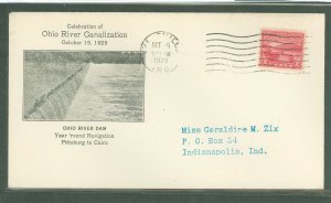 US 681 1929 2c Ohio River Canalization (single)on an addressed (typed)first day cover with an Evansville, IN cancel with a Shock