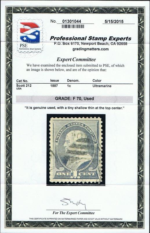 STUNNING SCOTT #212 USED PSE CERT GRADED FINE 70 XF-CENTERING - PRICED TO SELL 