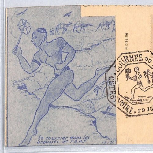 IVORY COAST *AOF* Postcard RUNNER Abidjan 1946 Stamp Day France Cols YF246